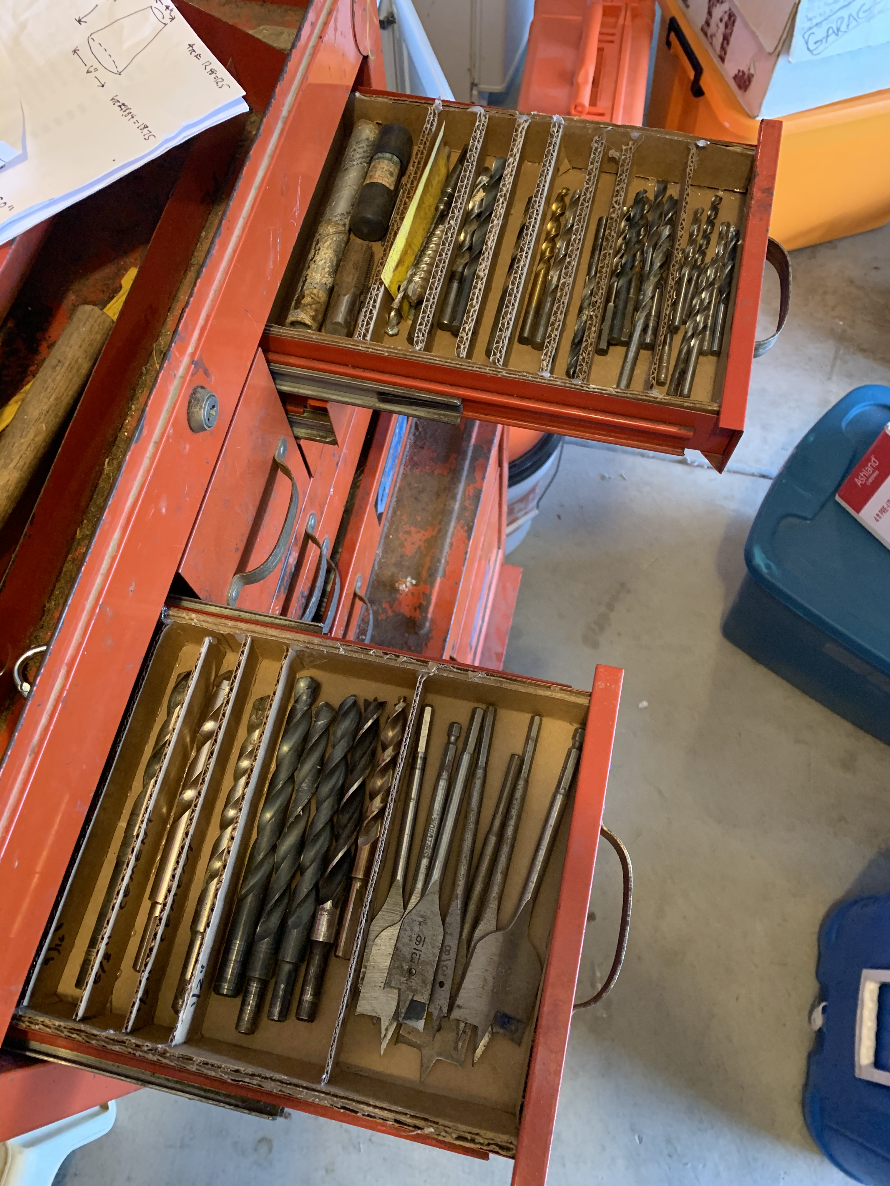 two drawers of drill bits in tool chest